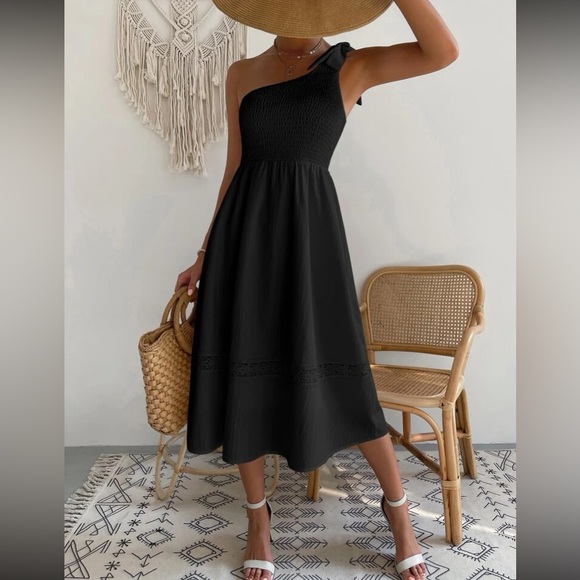 Boho tie one shoulder shoulder shirred lace insert dress - Picture 14 of 16